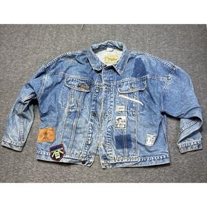 Vintage GASOLINE Jeans Denim Jacket Trucker Patches Small 80s Distressed Grunge